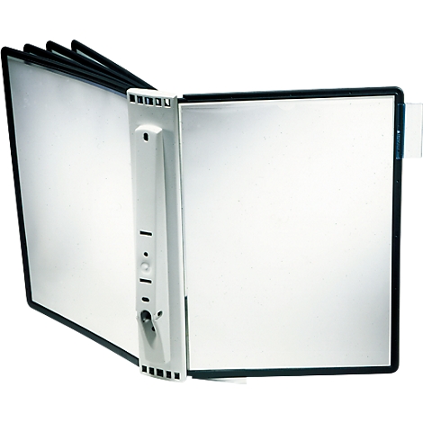 Open white binder with black frame and gray mechanism.