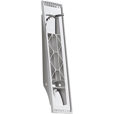 White plastic part, angular and structured, with an elongated shape and geometric details.