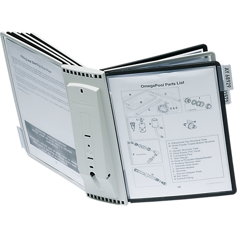 Open book with pages. The pages show instructions, diagrams, and parts lists. The book has a white, electronic binding.