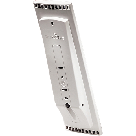A white, elongated plastic part with the inscription "DURABLE". There are ventilation slots at the top and bottom, and openings in the middle.