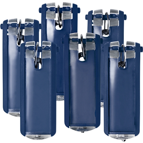 Verschillende blauwe gereedschapskoffers, bovenaan met zilveren metalen onderdelen en een kleine metalen beugel.
