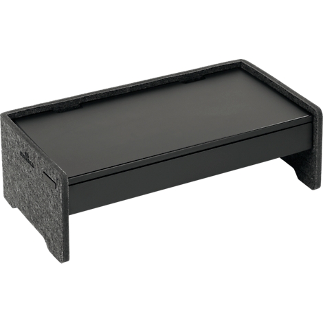 Support de moniteur en feutre et bois noir avec surface surélevée.