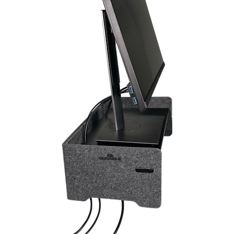 Support d'écran en feutre gris avec moniteur. Il y a des câbles en bas, une inscription DURABLE en bas à gauche.