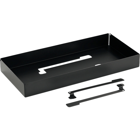 Boîte métallique noire avec découpe et deux supports noirs.