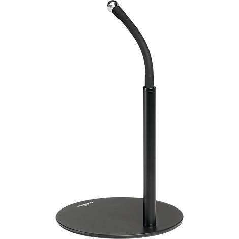 Black table microphone with round base and flexible gooseneck.