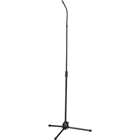 Black, three-legged microphone stand, curved. The height can be adjusted by a mechanism.