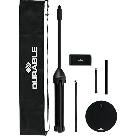 Black microphone stand set with carry bag, labeled with "Durable".