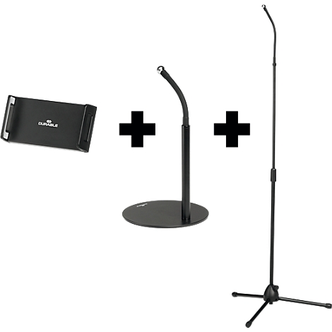 Three black objects: tablet holder, microphone stand, height-adjustable microphone stand. All against a white background.