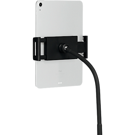 An iPad in a holder on a flexible arm.