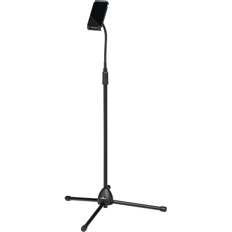 Black smartphone holder on a tripod.