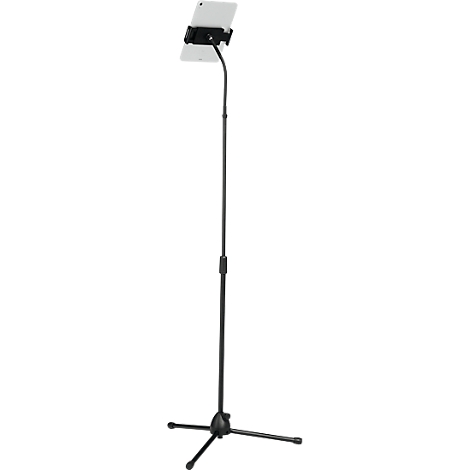 Black tablet stand. The tablet is attached to a holder and is supported by a long, adjustable pole that sits on a three-legged stand.