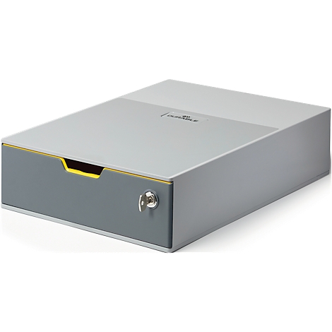 Gray-silver drawer with yellow accents and keyhole.