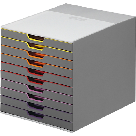 Gray stackable box with colored drawers, yellow, orange, red, purple. White lid.