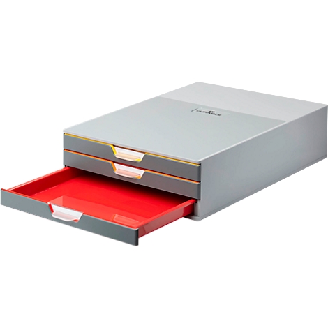 Gray, two-story desk organizer with a red drawer.