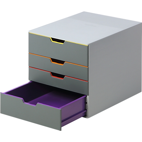 Grey drawer tower, one drawer open. Each drawer has a coloured stripe: yellow, orange, red. Opened drawer purple.