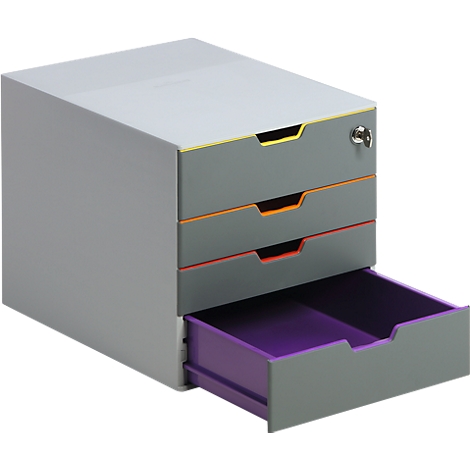 Gray cabinet with three drawers, one drawer open.