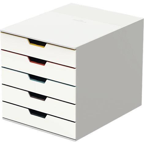 White drawer system with four colored drawer fronts. Yellow, red, blue and black.