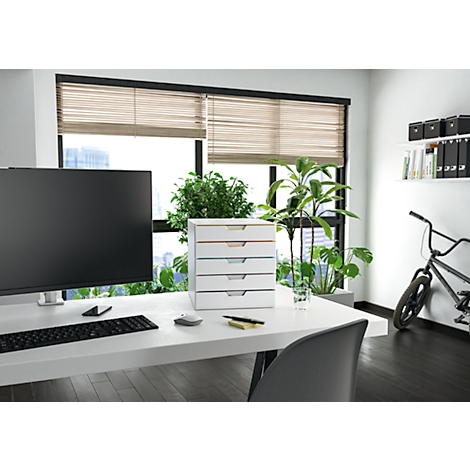 Desk with filing cabinet, monitor, keyboard, mouse, plants, window with blinds, and bicycle.