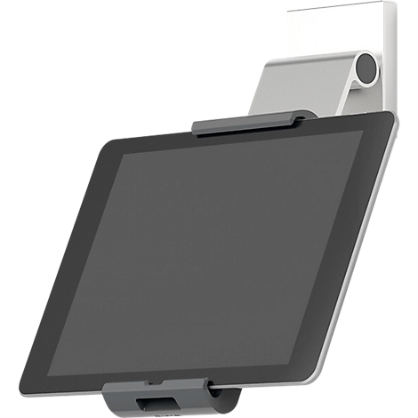 Gray tablet in wall mount. Silver holder, dark gray frame. Tablet angled downwards.