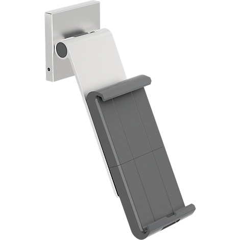 Gray and white tablet holder, wall mounted, angled forward.