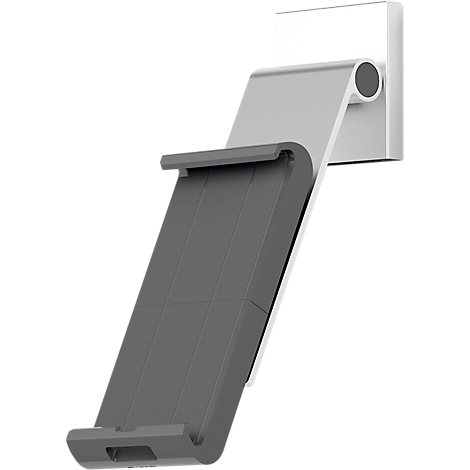 Tablet holder, grey-silver. The holder is attached to a white wall and angled.
