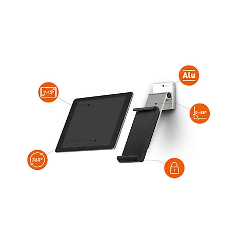 Tablet holder, wall mount, rotatable. Texts: Alu, 0-90°, 360°, 7-13", lock.