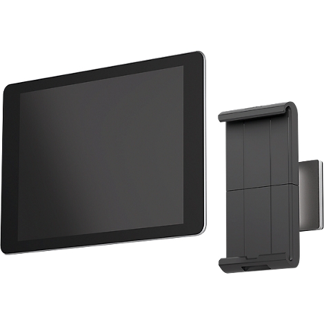 A black tablet next to a black wall mount, both with bright edges.