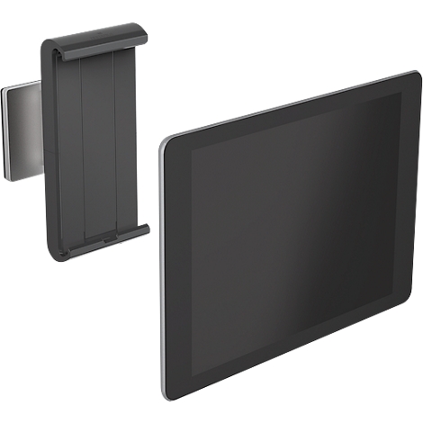 Close-up of a tablet and holder. The holder is black and attached to a gray element, the tablet has a black screen and a silver frame.