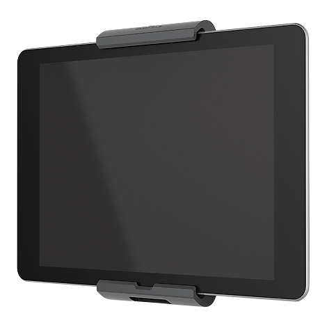A tablet in a holder. The holder has gray mounts at the top and bottom of the device.