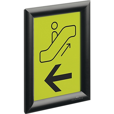 Schwarzer Klapprahmen mit gelbem Schild und schwarzem Piktogramm für Rolltreppe nach oben mit Richtungspfeil nach links.