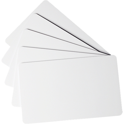 Five white cards arranged in a fan shape, slightly overlapping.