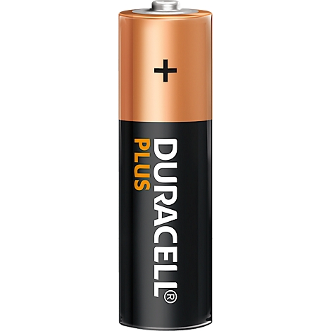 Eine Duracell Plus-Batterie, mit schwarzem unteren Teil und kupferfarbenem oberen Teil. Das Pluszeichen und der Markenname sind deutlich zu sehen.