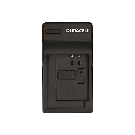 Schwarzes Duracell Akku-Ladegerät vor weißem Hintergrund mit Kontrollleuchte.