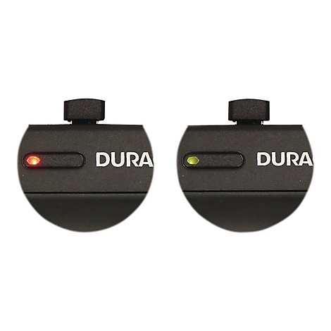 Zwei runde, schwarze DURA-Geräte: links mit roter LED, rechts mit grüner LED-Anzeige.