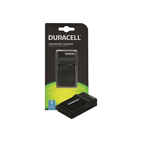 Duracell USB-Akkuladegerät in schwarzer Originalverpackung mit herausgenommenem Ladegerät daneben.