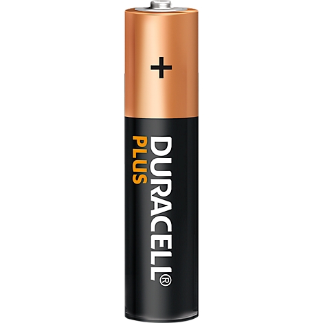 Duracell Plus AA-Batterie. Zylinderförmig, oben kupferfarben, Rest schwarz. Pluszeichen und Logo erkennbar.