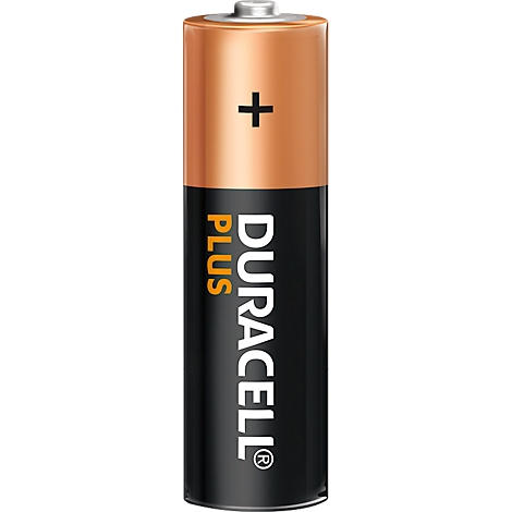 Eine Duracell Plus-Batterie; orange-brauner Pluspol, schwarzer Korpus mit weißem Schriftzug. 