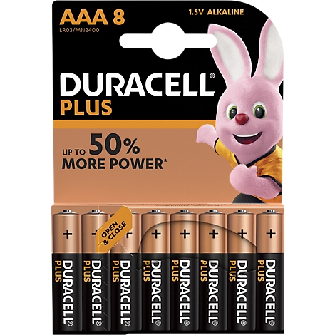 Pack of Duracell Plus batteries. 8 AAA batteries. With the Duracell bunny.