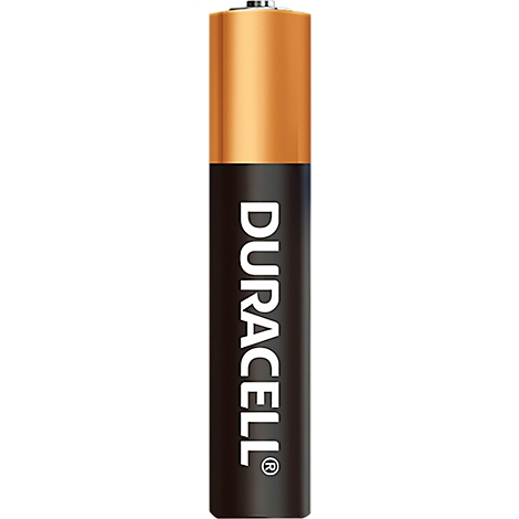 Une pile Duracell, avec un corps noir et des lettres blanches "DURACELL". Le tiers supérieur est doré.