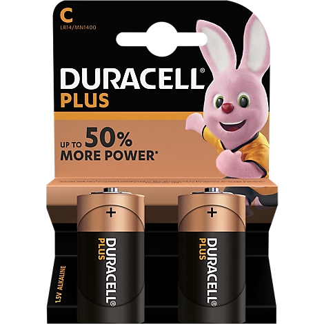 Two Duracell Plus batteries with pink Duracell bunny and text.