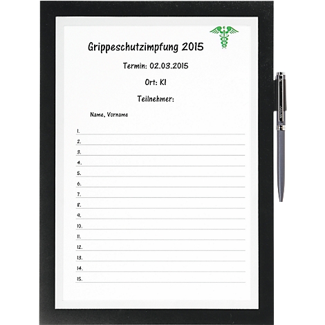 A black picture frame surrounds a white sheet with flu-related information. A pen lies to the right.
