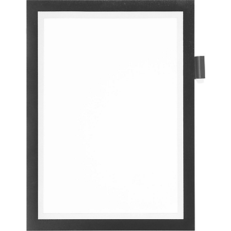 Black picture frame with white interior and a holder on the side.