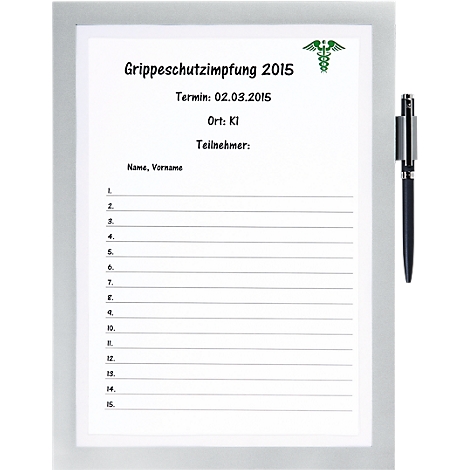 A gray frame encloses a white paper. At the top it says "Grippeschutzimpfung 2015". Below that are further information and a list to fill in.
