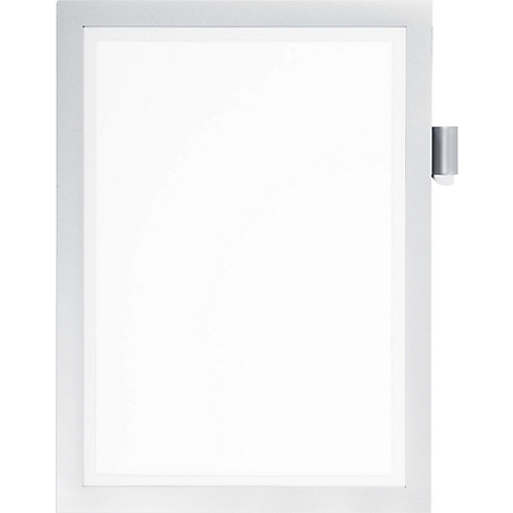 White, rectangular LED panel with a silver frame. A small, rectangular holder on the side.