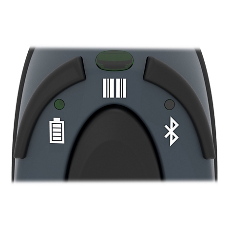 Nahaufnahme eines grauen Barcode-Scanners mit weiÃŸen Symbolen: Akku, Barcode, Bluetooth. Schwarze Bedientasten.