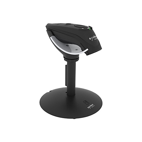 Schwarzer Barcode-Scanner auf rundem StÃ¤nder. Auf dem Scanner steht socket mobile.