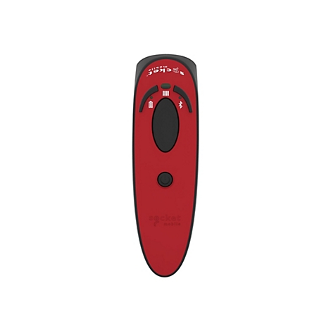 Roter Barcode-Scanner mit schwarzer Oberfläche, Markenname oben, Tasten und Anzeigen.