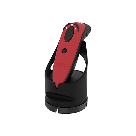 Ein rotes und schwarzes Barcodescanner-Handgerät in einer schwarzen Ladestation. Das Gerät hat das Logo "socket mobile".