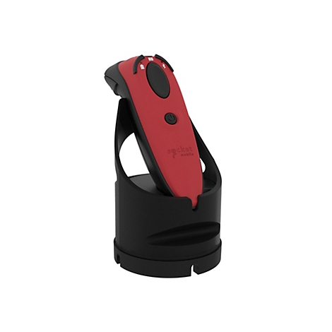 Ein roter Barcode-Scanner in einer schwarzen Ladestation, auf weißem Hintergrund.
