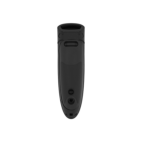 Objet noir et oblong. Il y a une ouverture ronde en haut, un renfoncement oblong au milieu et deux petits renfoncements ronds en bas.